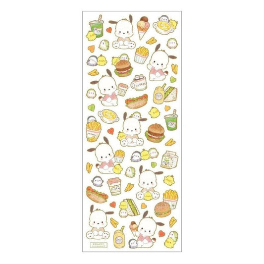 a repeating pattern of various cartoon-style illustrations of food items, such as hot dogs, hamburgers, sandwiches, and other fast food items, along with illustrations of animals and other objects. The overall theme appears to be a collage of different food-related images.