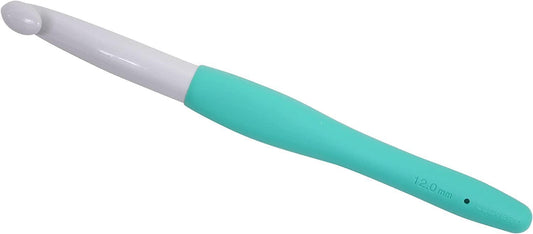 A teal-colored crochet hook with a white handle, designed for crocheting.