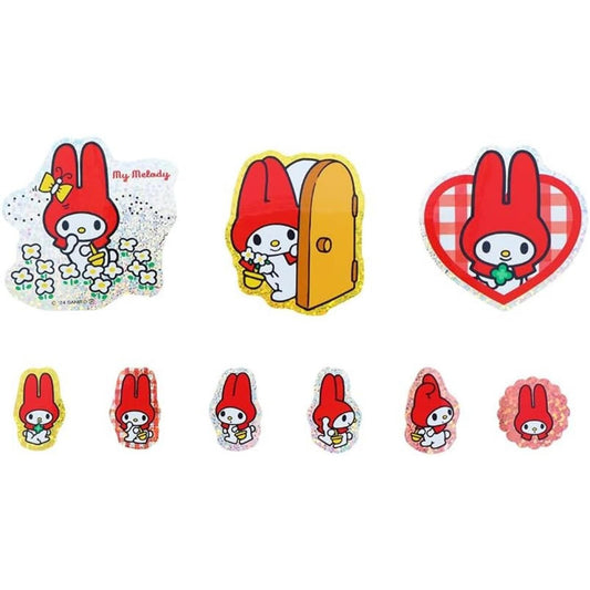 a collection of stickers featuring the character My Melody, a red-haired girl with a flower in her hand. The stickers depict various scenes and poses of My Melody, including her interacting with flowers, a heart, and a door.