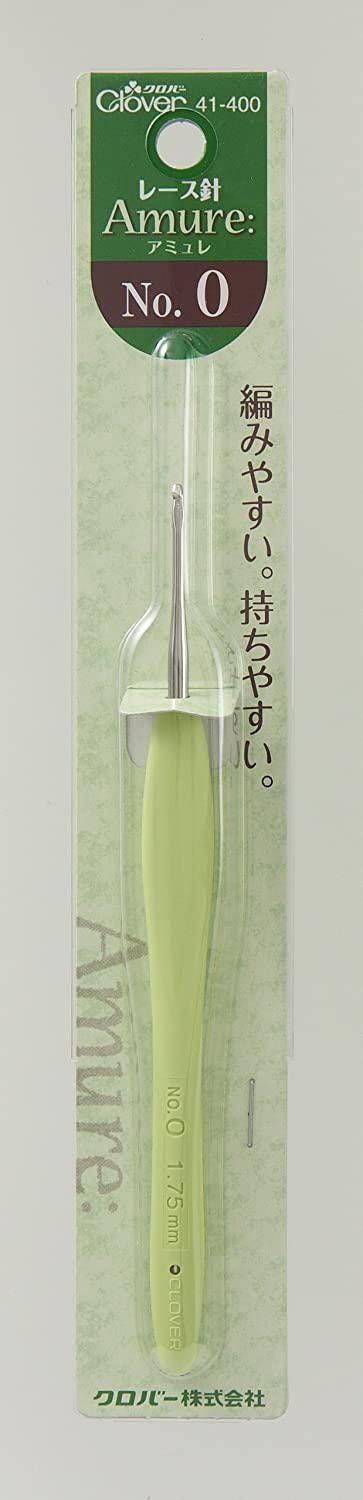 A green crochet hook with a clear plastic packaging.