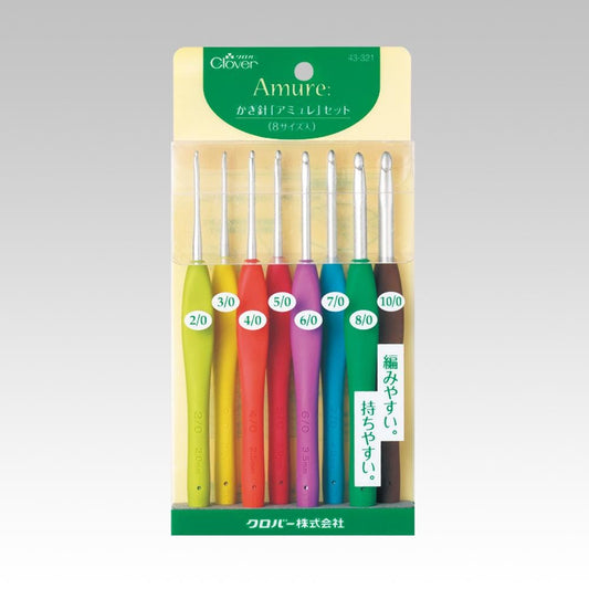A package containing six different colored crochet hooks, each labeled with a number and color.