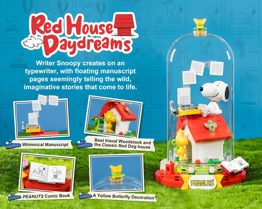 The image is a collage featuring various scenes from the Peanuts comic book series, including a Peanuts typewriter with floating pages, a Peanuts dog house, and a Peanuts butterfly decoration.
