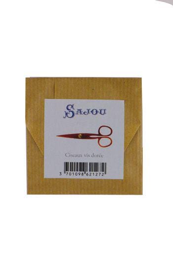 a brown envelope with a label that features a pair of scissors and the text "Sajou" written in a decorative font.
