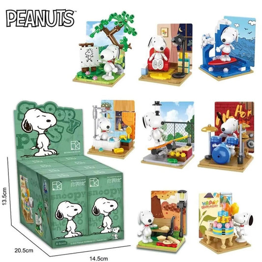 a collection of Peanuts-themed miniatures, including Peanuts characters in various settings, such as a tree, a house, and a beach.