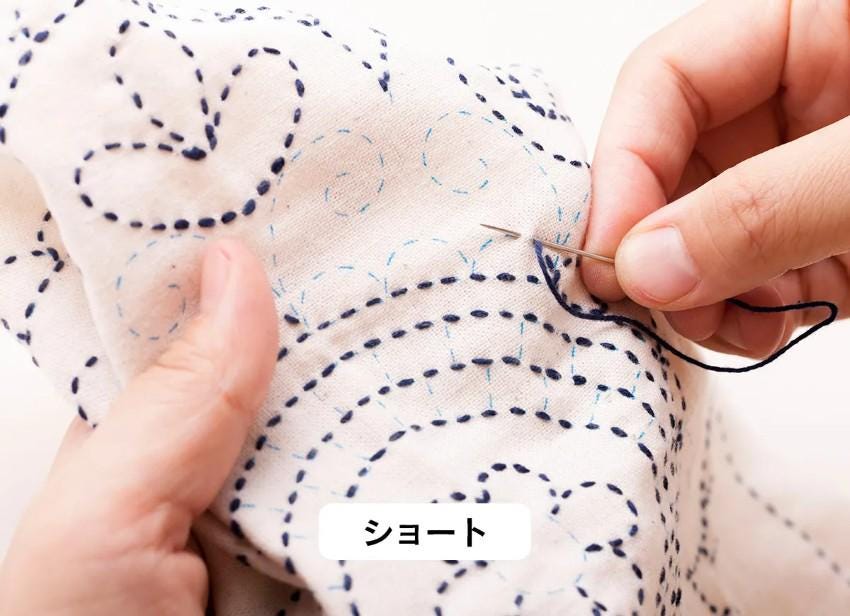 A person's hands are shown carefully stitching a patterned fabric with blue and white dots, creating a detailed design.