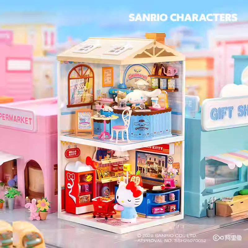 A colorful and detailed miniature dollhouse with various rooms and accessories, including a cafe, gift shop, and other charming elements, all designed to resemble the Sanrio characters.