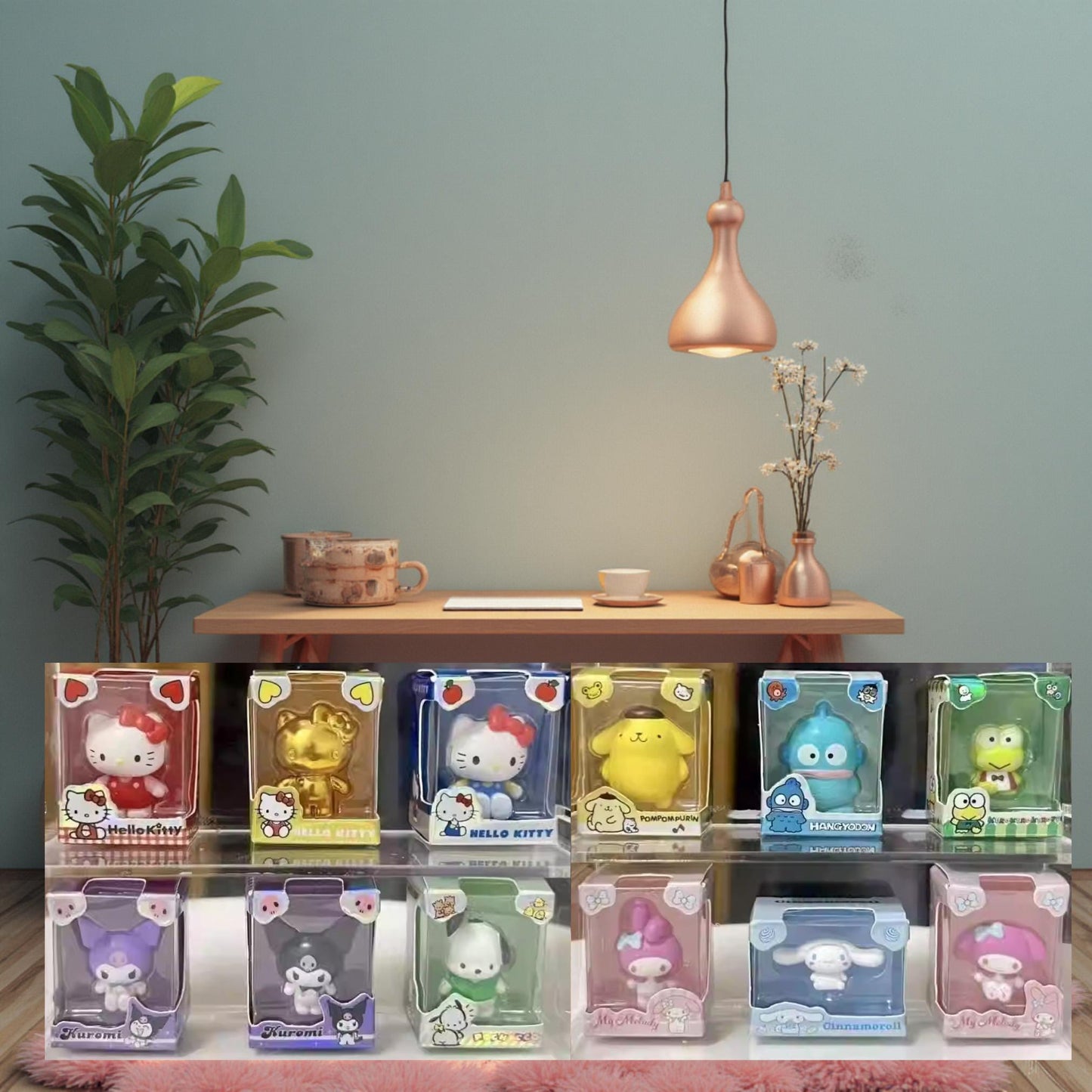 A collection of Hello Kitty figurines in various packaging, displayed on a shelf or table.