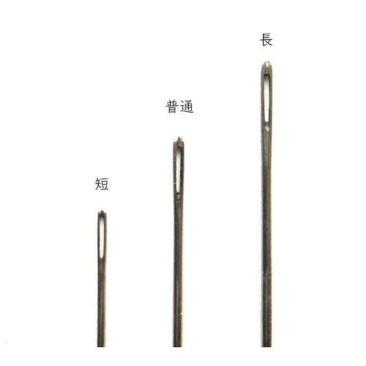 three different sizes of sewing needles, each with a distinct hole size, arranged in a row.