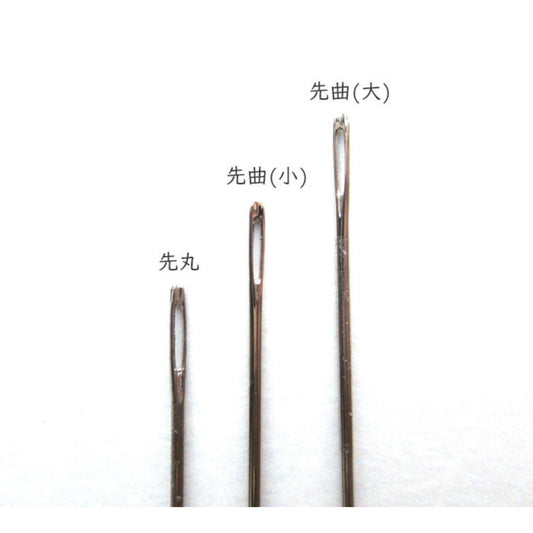 three different types of sewing needles, each with a distinct shape and size, arranged in a row against a white background.