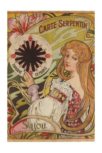 The image is an advertisement poster featuring a woman with long blonde hair and a white dress, holding a large circular object with a black background and red and white accents.