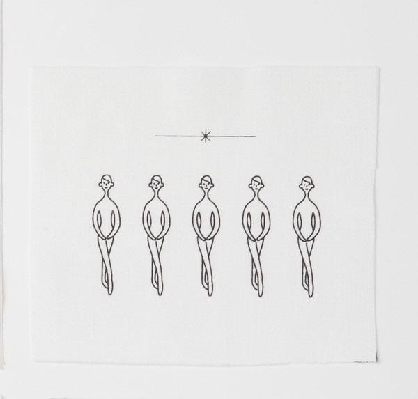 A simple line drawing of five stylized human figures standing in a row, with a star-like symbol above them.
