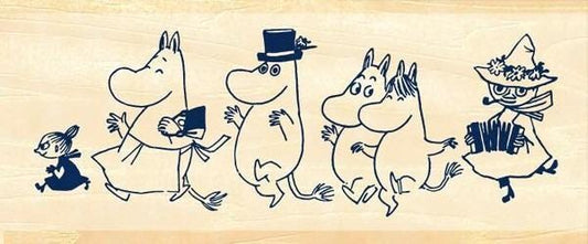 A group of cartoon characters, including Moomo, a character from the Moomo series, and other fantastical creatures, are depicted in a line.