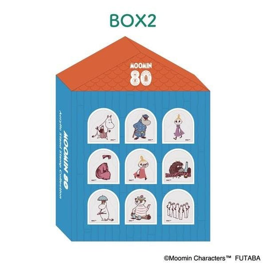 The image is a box containing nine different illustrations of Moomin characters, arranged in a grid pattern.