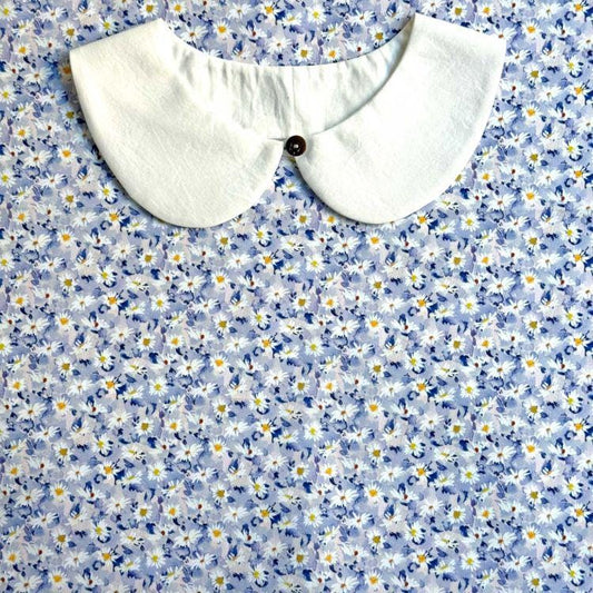 a white collar with a button, set against a background of a blue and white floral print.