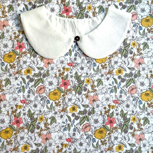 a white collar with a button, set against a background of a floral print with various colors and patterns.