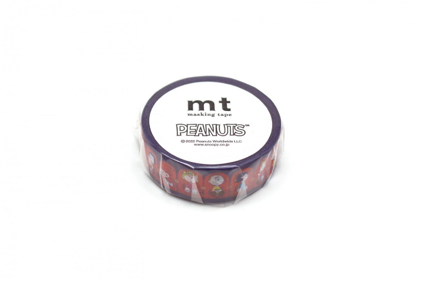 A round, purple-colored masking tape roll with the word "Peanuts" printed on it.