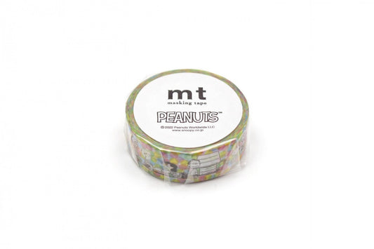 A round roll of Peanuts themed masking tape against a white background.