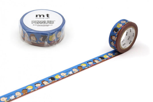 a roll of Peanuts themed tape and a blue and brown striped tape on a white background.