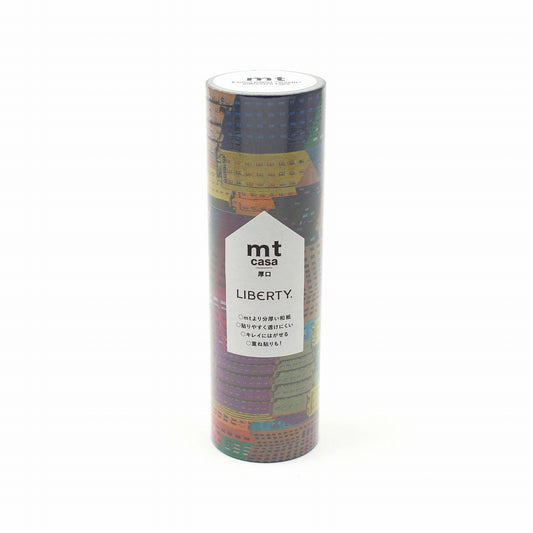 A cylindrical container with a colorful, abstract design on it, featuring the word "LIBERTY" prominently displayed.