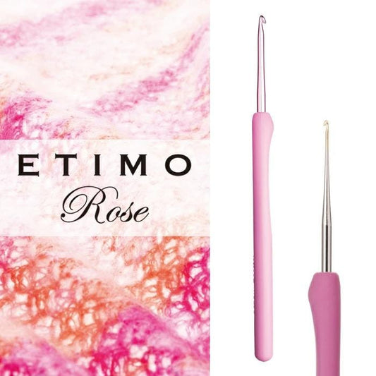 two crochet hooks, one pink and one silver, against a pink and white background with the text "ETIMO Rose" displayed prominently.