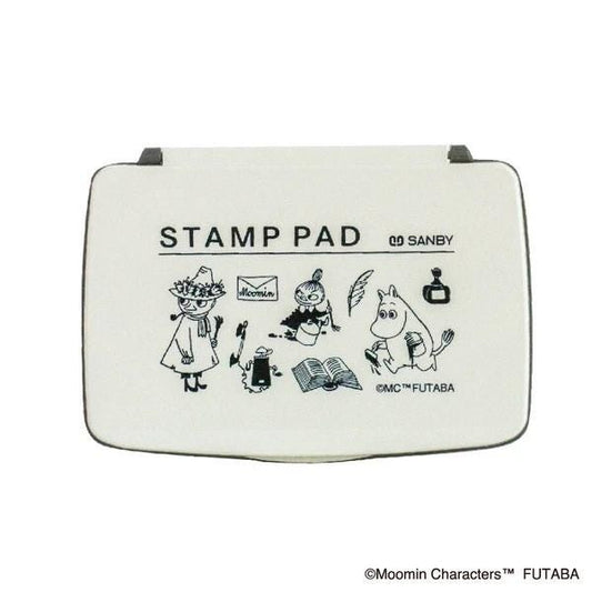 The image is a stamp pad featuring various cartoon characters, including Moomin characters, and it is white in color.