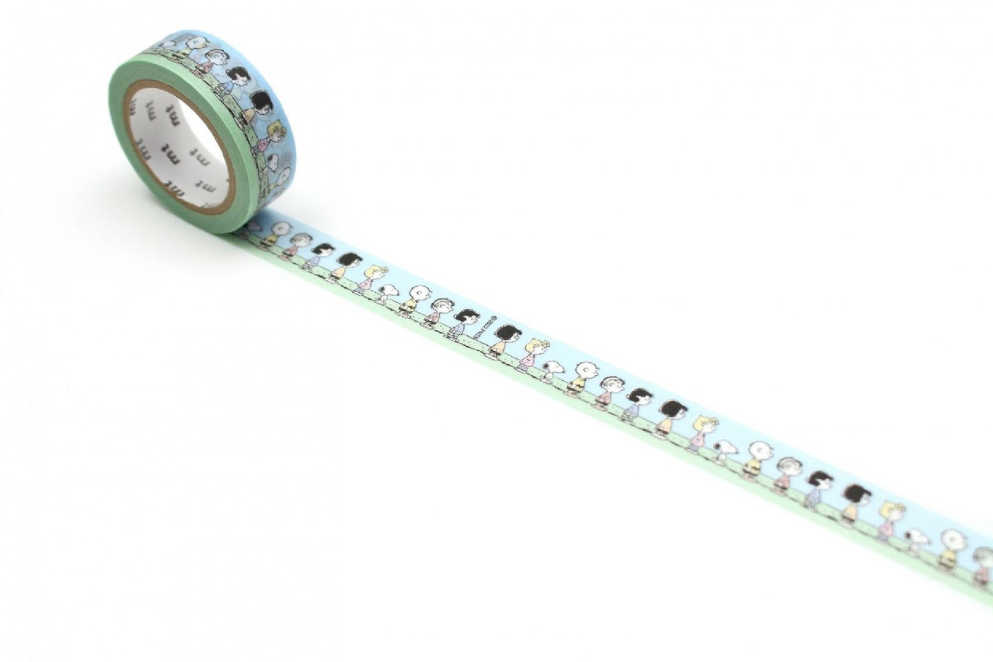 A roll of light blue and green patterned tape with a repeating design of cartoon-style people on it.