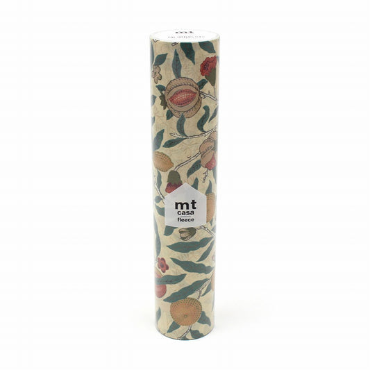 A cylindrical container with a floral pattern printed on it, featuring various fruits and leaves.