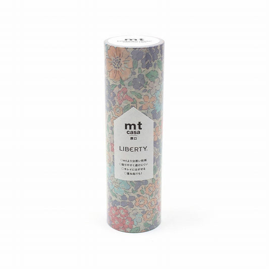 A cylindrical container with a floral pattern and text on it.