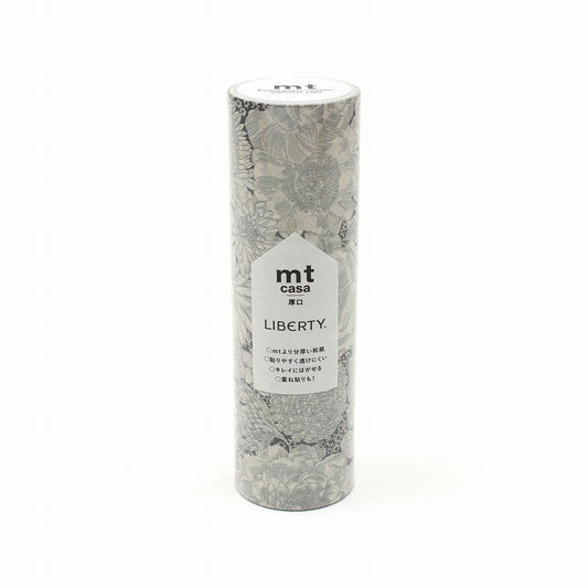 A cylindrical container with a floral pattern and text on it.