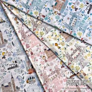 The image is a collage of various fabric swatches with different patterns and illustrations, including characters, landmarks, and floral designs.