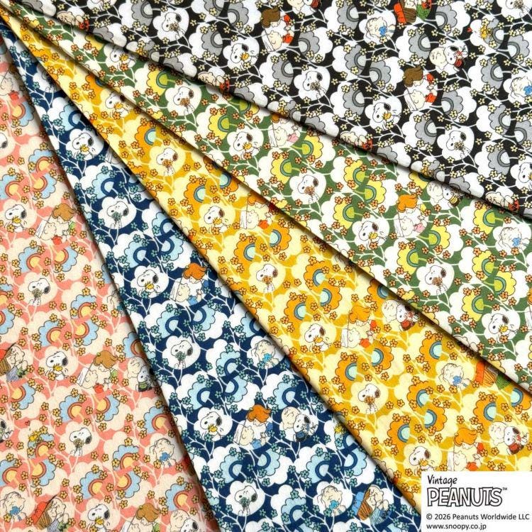 The image is a collage of five fabric swatches, each featuring a different pattern of cartoon characters. The swatches include a variety of colors and designs, showcasing the versatility of the fabric.