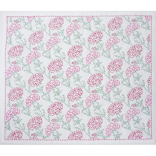 a square-shaped white fabric with a repeating floral pattern in shades of pink and green. The pattern consists of various flowers and leaves, creating a visually appealing and intricate design.