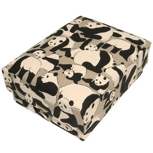 a square-shaped box with a repeating pattern of black and white panda illustrations.