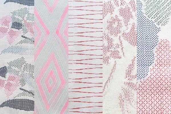 The image is a collage of various patterns and textures, including geometric shapes, stripes, and floral designs, all in different colors such as pink, white, and blue.