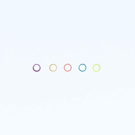 five circles of different colors: purple, orange, red, blue, and green.