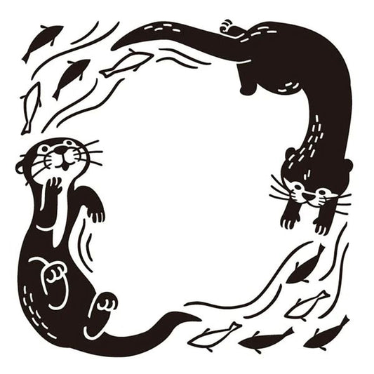 two otters swimming in a frame-like shape, surrounded by fish.