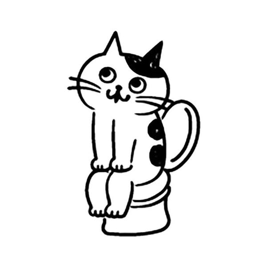A black and white illustration of a cat sitting on a toilet.