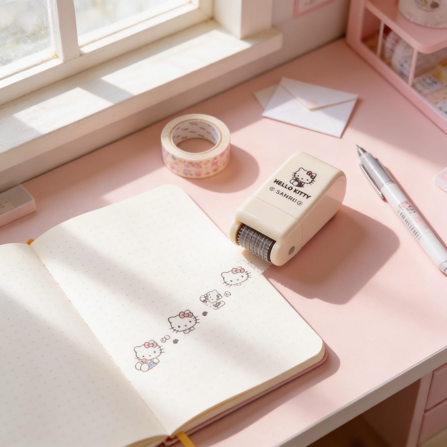 a pink desk with various items, including a Hello Kitty stamp roller, a notebook with a Hello Kitty design, and a pen.