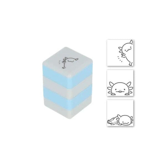 a blue and white striped object, which appears to be a small, square-shaped item. There are also three smaller images of the same object, each depicting a different pose or action of the object.