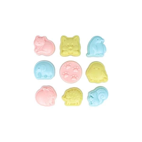 A collection of nine colorful animal-shaped play dough toys arranged in a 3x3 grid.