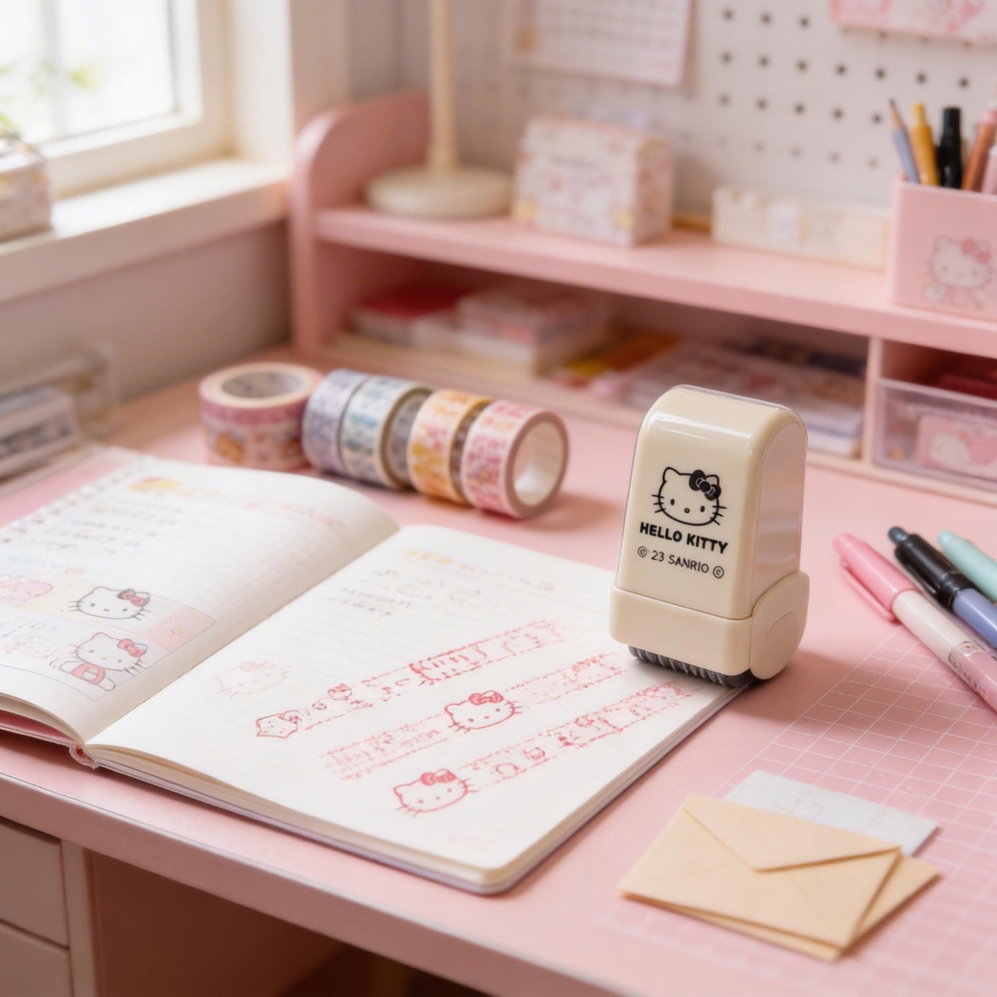 A Hello Kitty stamp sits on a pink desk, surrounded by various stationery items such as pens, pencils, and a notebook.