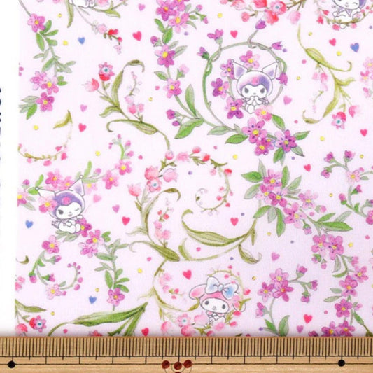 a repeating floral pattern with pink flowers and green leaves, along with small cartoon-like characters.