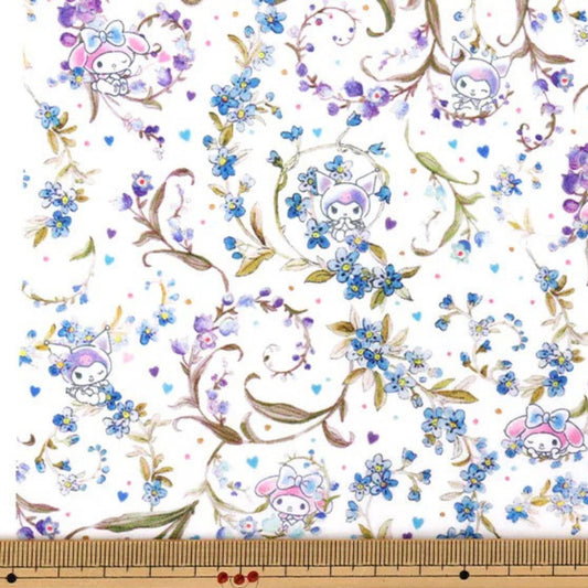 The image is a collage of various images featuring a floral pattern with purple and blue flowers, along with cute cartoon-like characters.