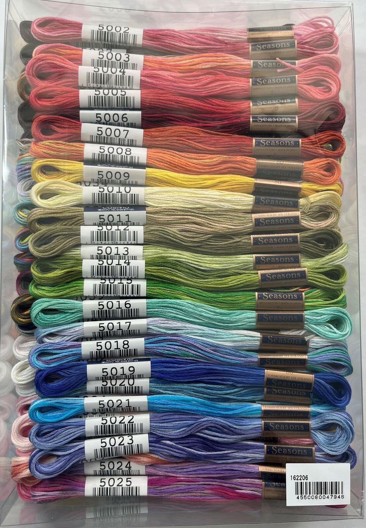 A clear plastic container filled with various colored embroidery floss strings, each labeled with a season number.