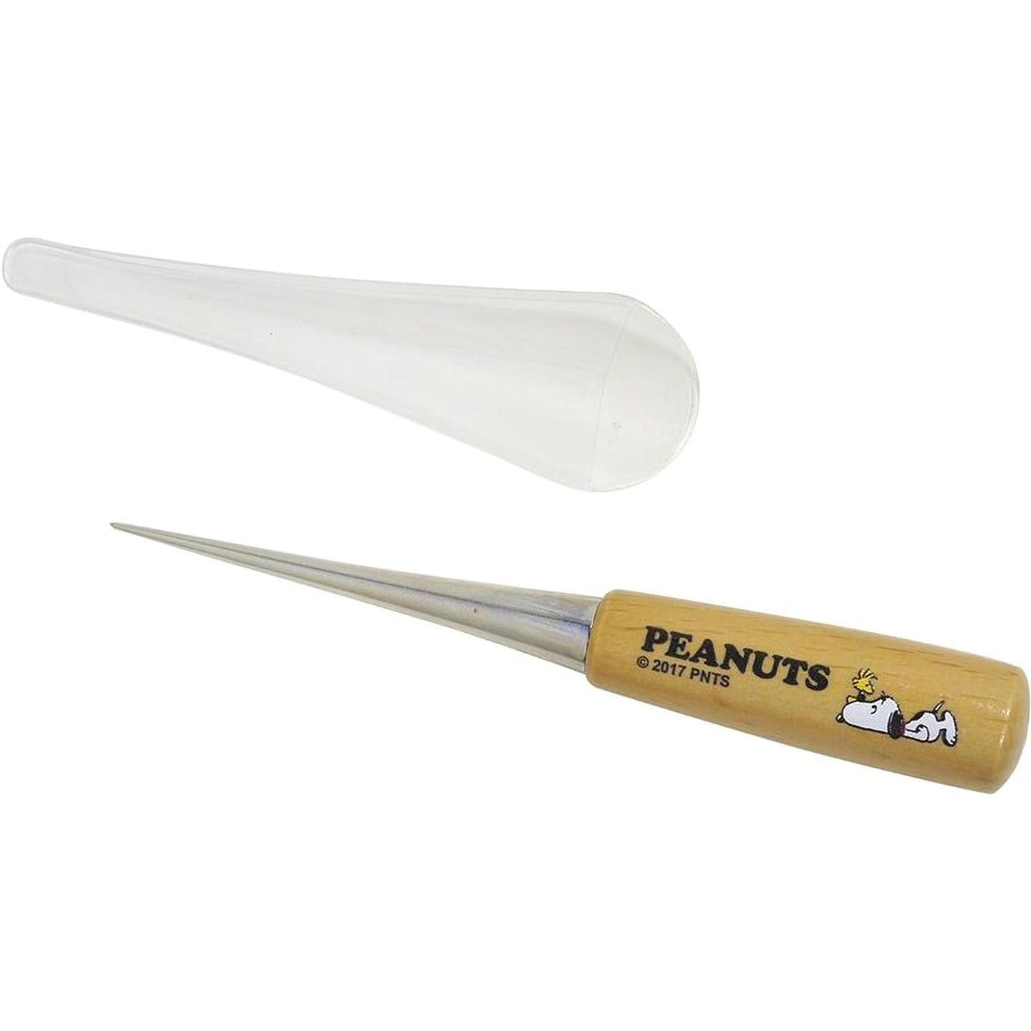 A wooden handle with a Peanuts logo and a clear plastic object are shown in the image.
