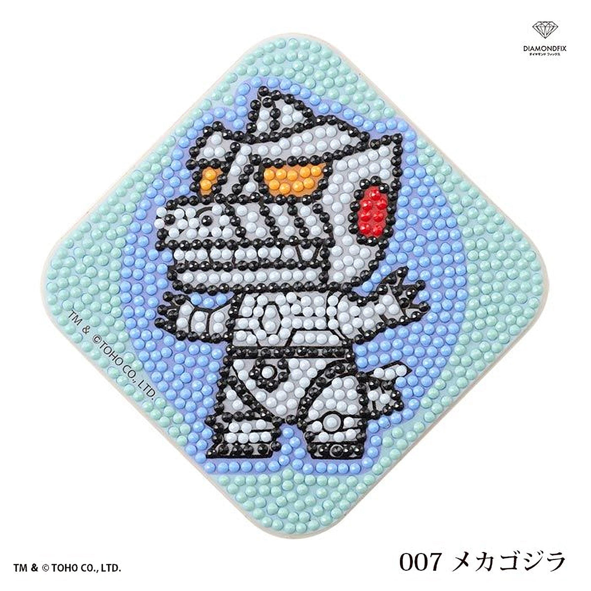 A diamond-shaped design featuring a robot-like character composed of small, colorful beads.