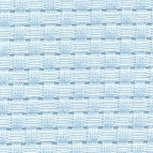 a close-up view of a light blue woven fabric with a repeating pattern of small squares or rectangles.