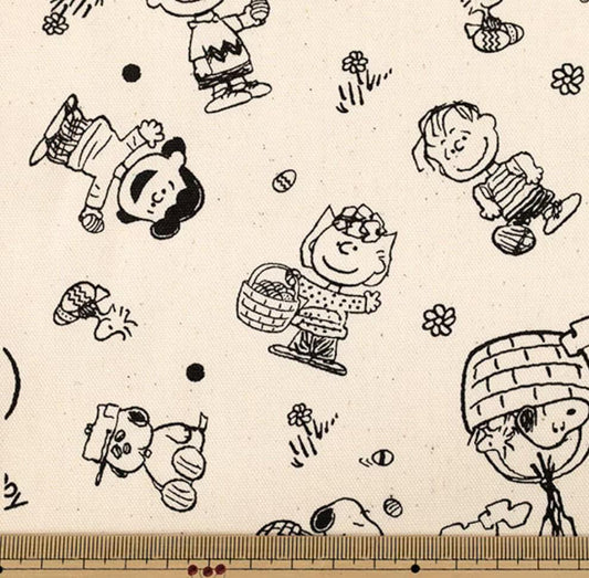 a collage of various cartoon characters, including Peanuts, drawn in black and white. The characters are scattered across the image, creating a playful and whimsical scene.