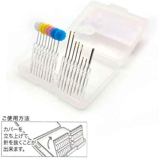a clear plastic container with multiple needles of various sizes, arranged in rows. The container is open, revealing the needles inside. There is also a small illustration of the container and needles on the right side of the image.