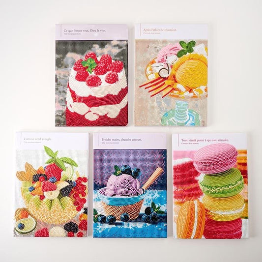 five colorful and vibrant images of desserts, including cakes, macarons, and fruit-topped pastries.